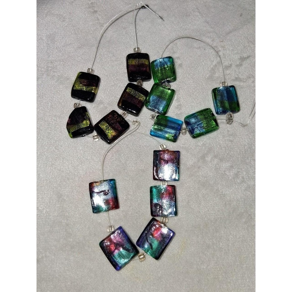 Dichroic Fused Glass Bead Lot 3 Partial Strands Rectangle Square Artisan Jewelry